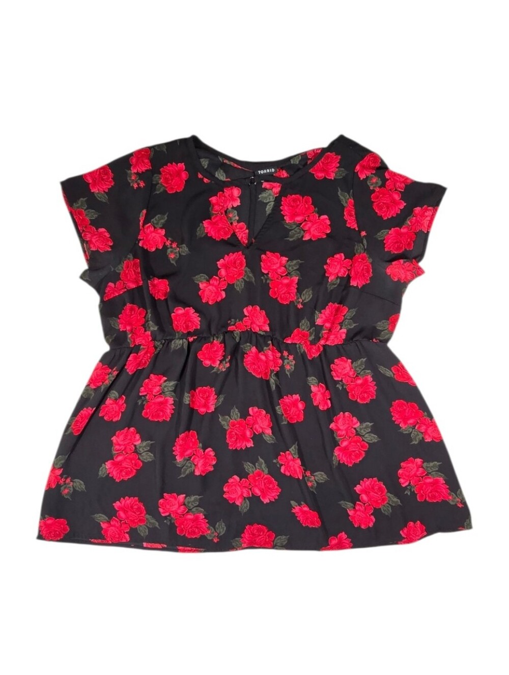 Torrid Black Red Floral Rose V-Neck Blouse sz 1 - like new!